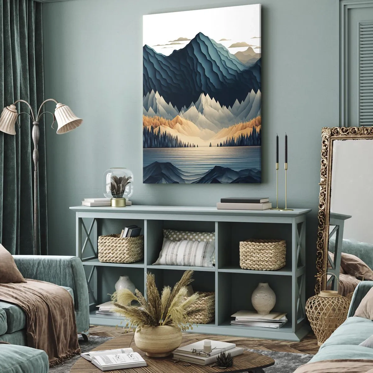 Bild auf Leinwand - Leinwandbild - Malerische Berge über dem See bei Sonnenuntergang - 50x70cm - Perfekte Berglandschaft - Moderne Wanddekoration für Wohnzimmer und Schlafzimmer ARTTOR