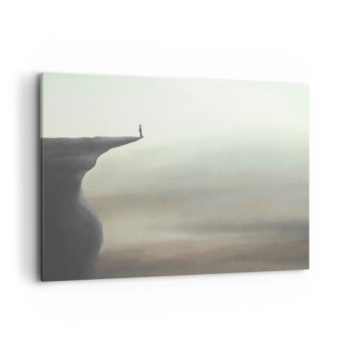 Bild auf Leinwand - Leinwandbild - Silhouette einer Figur am Rand einer Klippe in einer nebligen Landschaft - 100x70cm - Nach oben, natürlich! - Moderne Wanddekoration für Wohnzimmer und Schlafzimmer ARTTOR