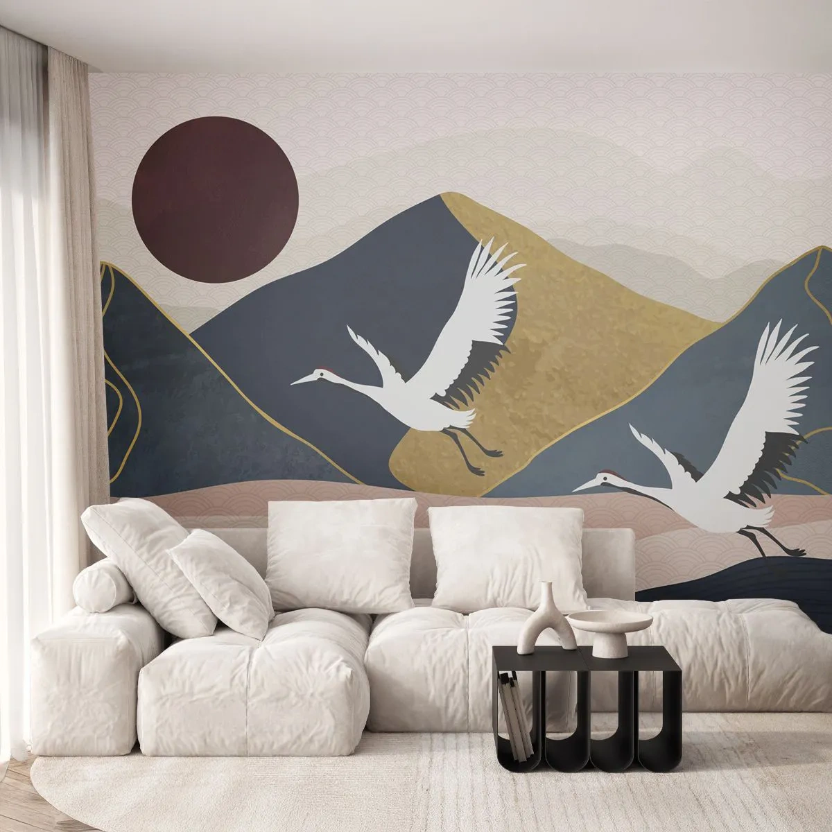 Fototapete Premium Sand - Es ist wieder ein Tag VERFLOGEN - Abstraktion, Kräne, Berge - 500x350 cm