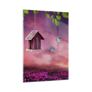 Glasbild - Bild auf glas - Ein Vogelhäuschen vor einem rosa Himmel - 50x70cm - Einladung zum Abendessen - Moderne Wanddekoration für Wohnzimmer und Schlafzimmer ARTTOR