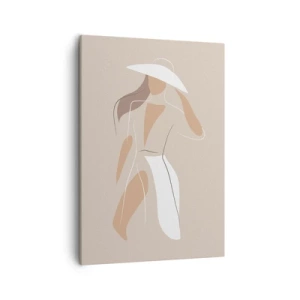 Bild auf Leinwand - Leinwandbild - Eine minimalistische Zeichnung einer Frau mit Hut auf beigem Hintergrund. - 50x70cm - Mode macht Spaß - Moderne Wanddekoration für Wohnzimmer und Schlafzimmer ARTTOR