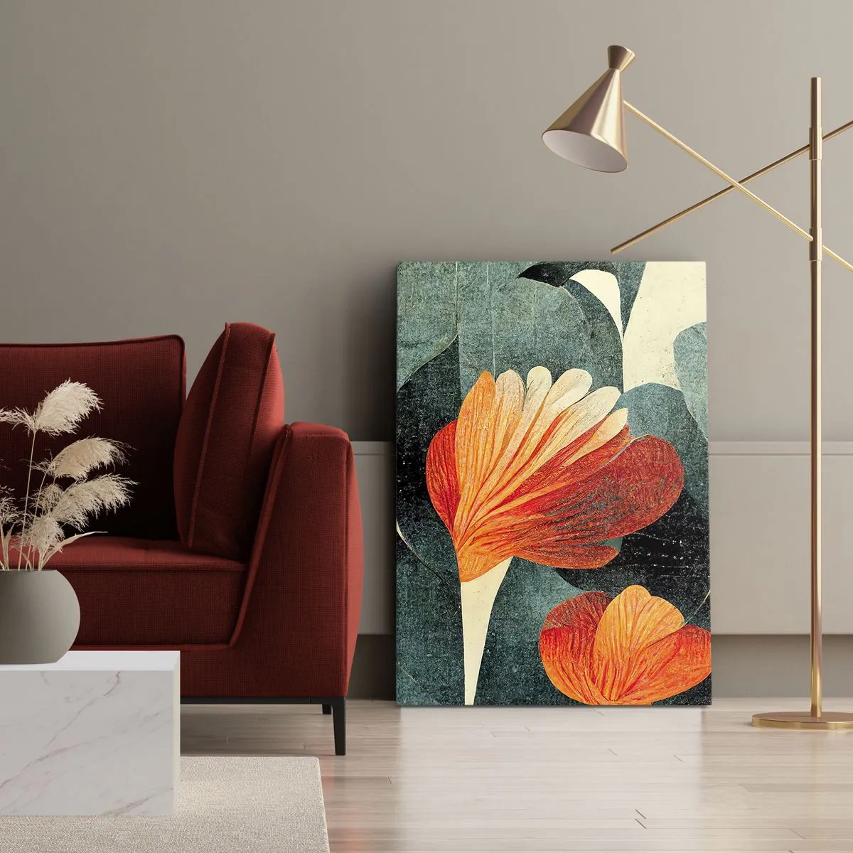 Bild auf Leinwand - Leinwandbild - Blüten in intensiven Orange- und Grüntönen - 70x100cm - Hitze der Tropen und Kühle des Grüns - Moderne Wanddekoration für Wohnzimmer und Schlafzimmer ARTTOR