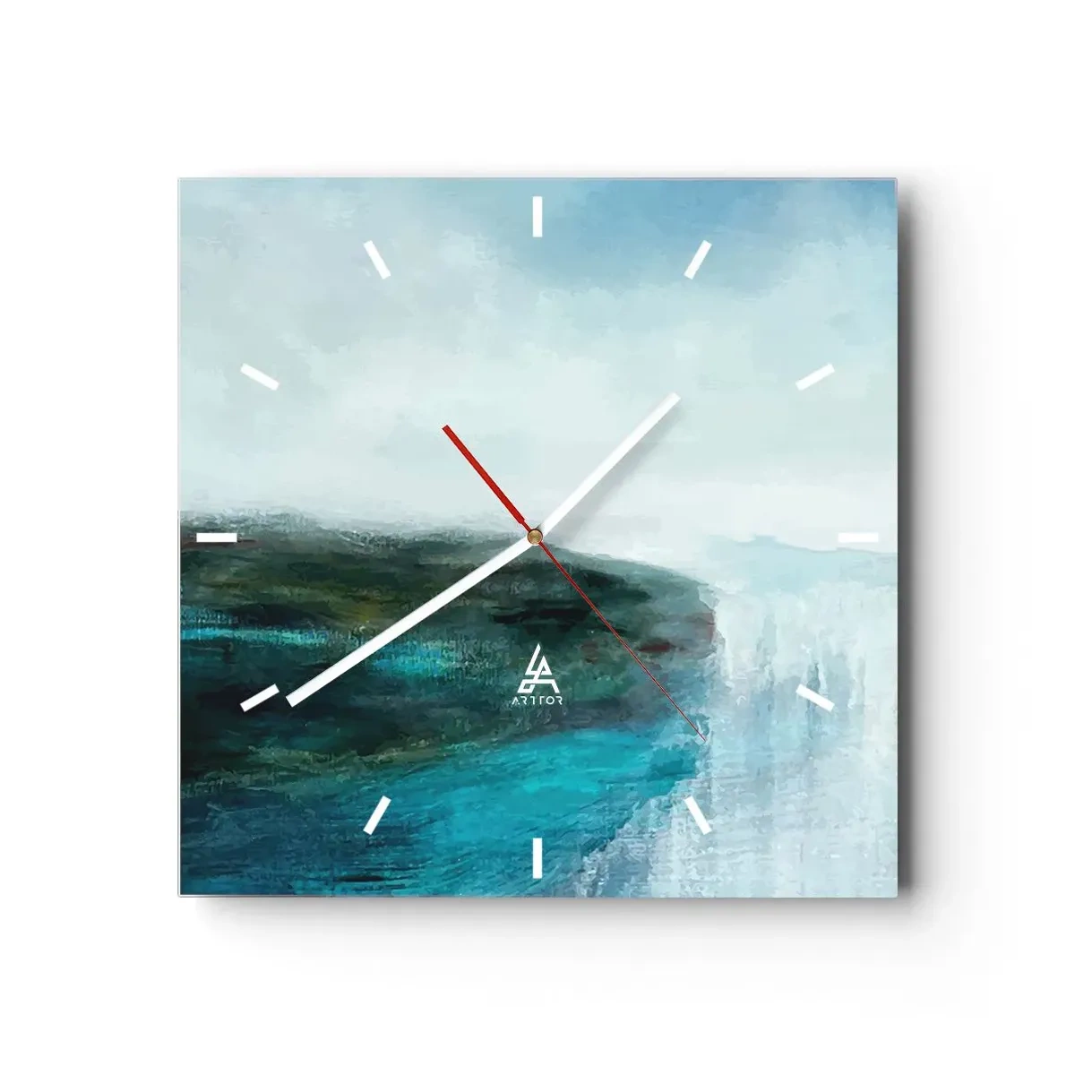 Wanduhr - Glasuhr - Abstrakte Landschaft in Türkis- und Grautönen - 30x30cm - Nautische Abstraktion - Moderne Wanddekoration für Wohnzimmer und Schlafzimmer ARTTOR