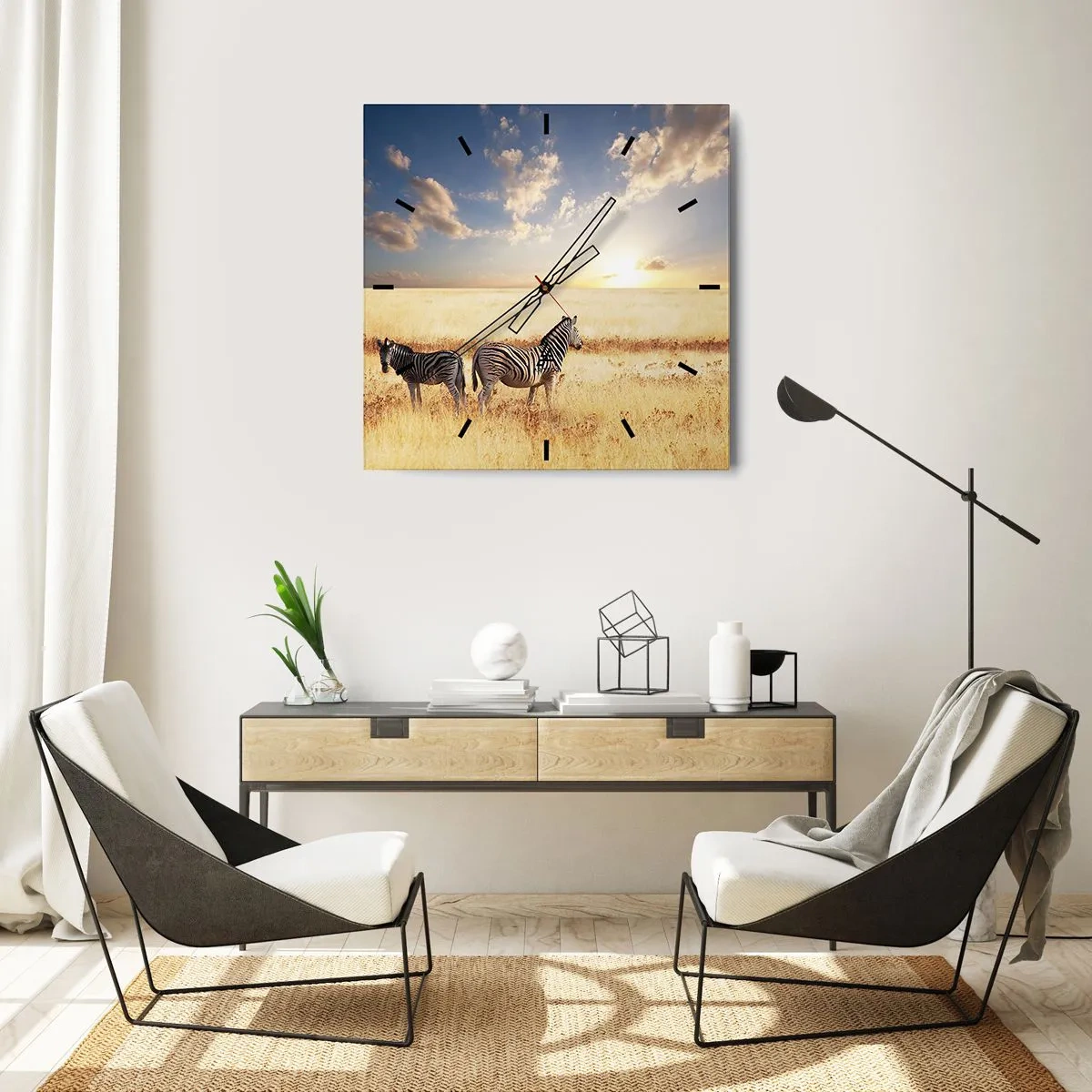 Wanduhr - Glasuhr - Zwei Zebras in der Savanne in den Strahlen der untergehenden Sonne - 30x30cm - Geh weg, sei nicht in Frieden - Moderne Wanddekoration für Wohnzimmer und Schlafzimmer ARTTOR