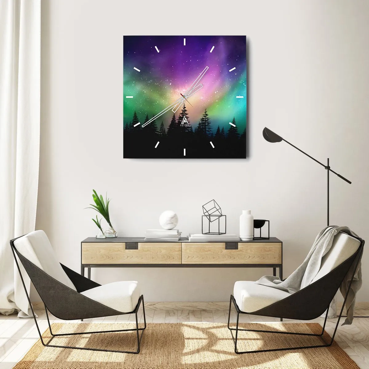 Wanduhr - Glasuhr - Aurora Borealis über einem Wald mit Sternenhimmel - 30x30cm - weiße Magie - Moderne Wanddekoration für Wohnzimmer und Schlafzimmer ARTTOR