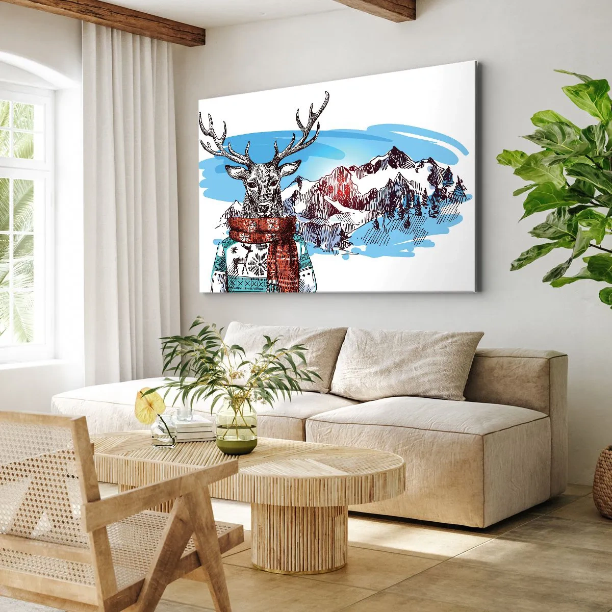 Bild auf Leinwand - Leinwandbild - Ein Hirsch im Winterpullover vor einer Berglandschaft - 120x80cm - Auch ein Reh friert nicht - Moderne Wanddekoration für Wohnzimmer und Schlafzimmer ARTTOR