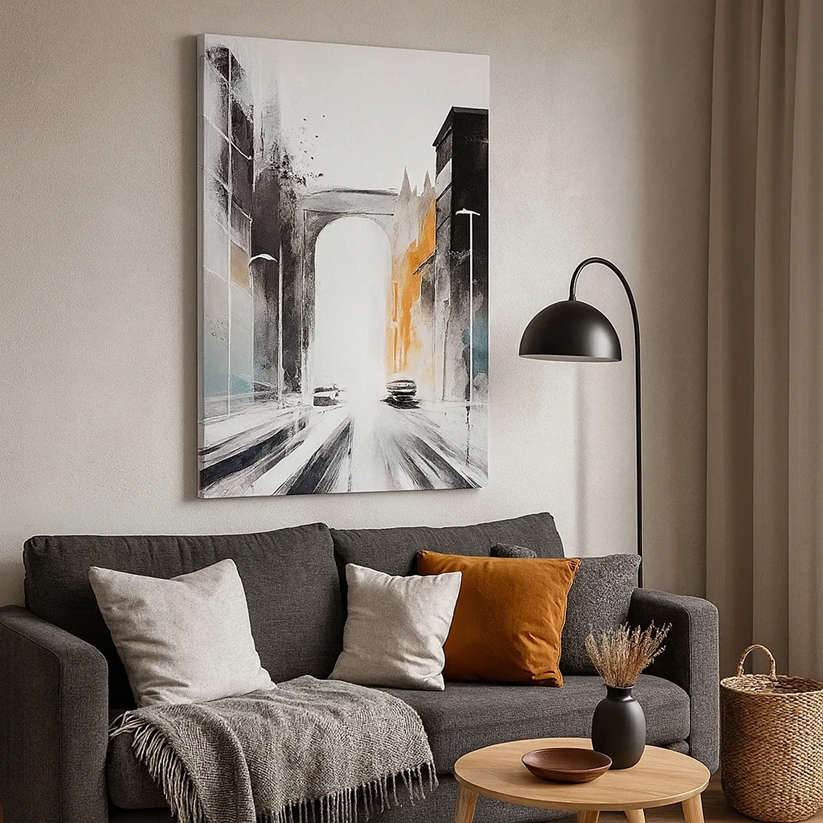 Bild auf Leinwand - Leinwandbild - Abstraktes Stadtpanorama mit einer Bogenbrücke - 50x70cm - Stadtstudie: Architektur und Bewegung - Moderne Wanddekoration für Wohnzimmer und Schlafzimmer ARTTOR