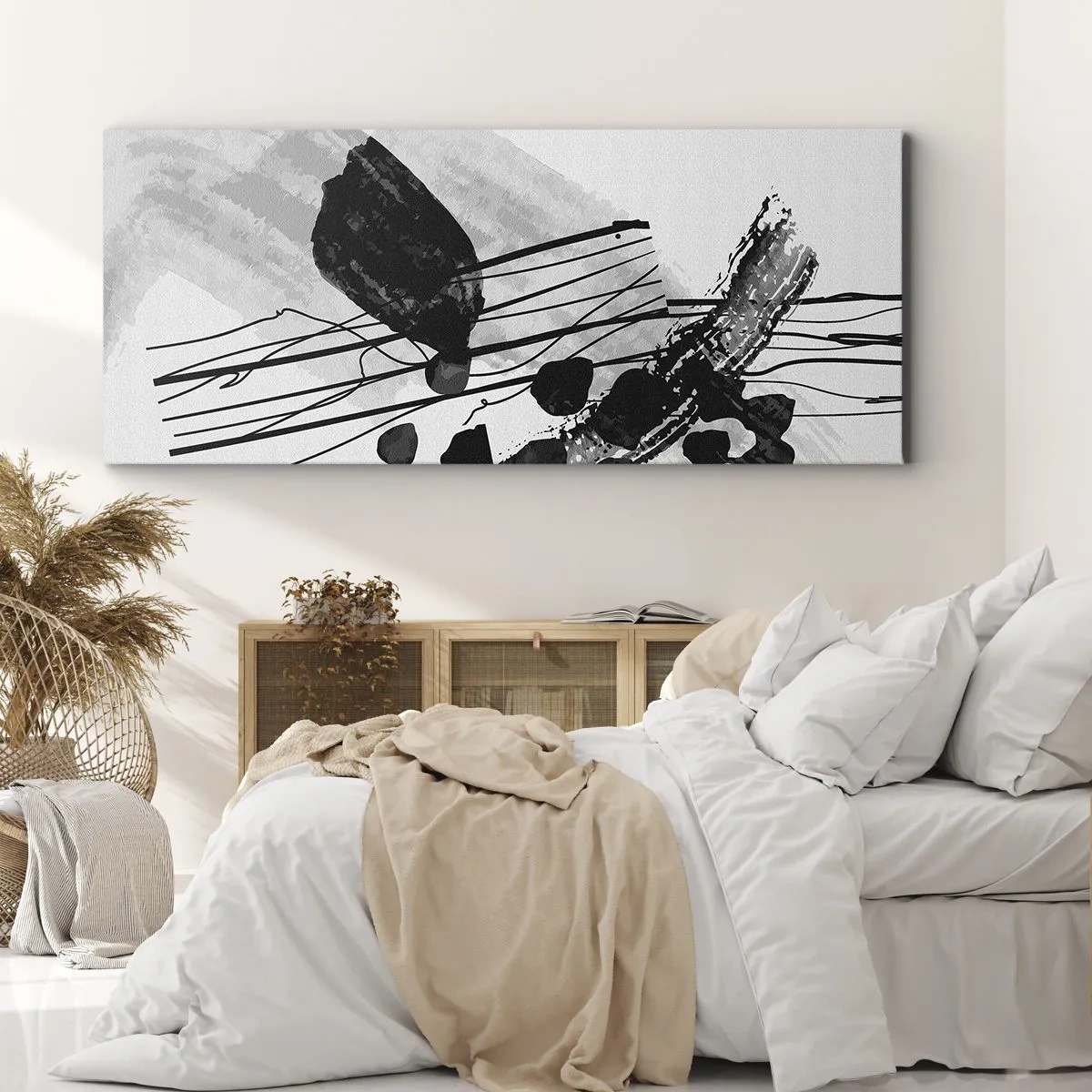 Bild auf Leinwand - Leinwandbild - Schwarz-weiße abstrakte Komposition mit organischen Formen - 160x50cm - Organische Schwarz-Weiß-Abstraktion - Moderne Wanddekoration für Wohnzimmer und Schlafzimmer ARTTOR