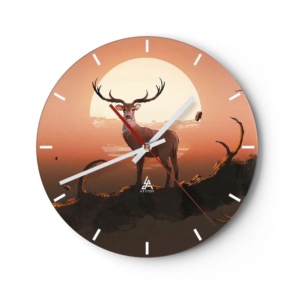 Wanduhr - Glasuhr - Silhouette eines Hirsches vor der untergehenden Sonne - 30x30cm - Diese Nacht ist anders als jede andere - Moderne Wanddekoration für Wohnzimmer, Küche und Schlafzimmer ARTTOR