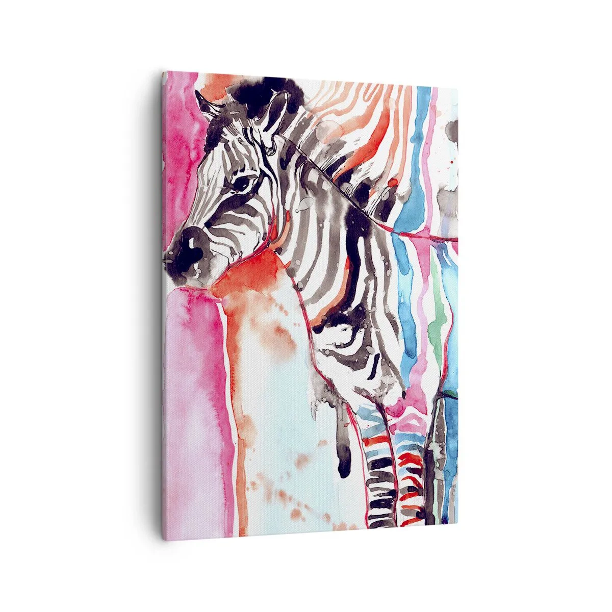 Bild auf Leinwand - Leinwandbild - Ein buntes Zebra vor einem Hintergrund aus abstrakten Aquarellmustern - 50x70cm - Unbeschwerter Witz der Natur - Moderne Wanddekoration für Wohnzimmer und Schlafzimmer ARTTOR