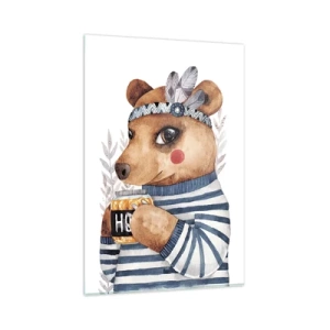 Glasbild - Bild auf glas - Ein Teddybär im gestreiften Pullover mit einer Tasse Honig - 80x120cm - Süße Bärin - Moderne Wanddekoration für Wohnzimmer und Schlafzimmer ARTTOR
