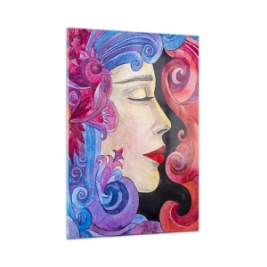 Glasbild - Bild auf glas - Farbenfrohes Frauenporträt im Jugendstil mit reicher Ornamentik - 50x70cm - Der Jugendstil lebt noch - Moderne Wanddekoration für Wohnzimmer und Schlafzimmer ARTTOR
