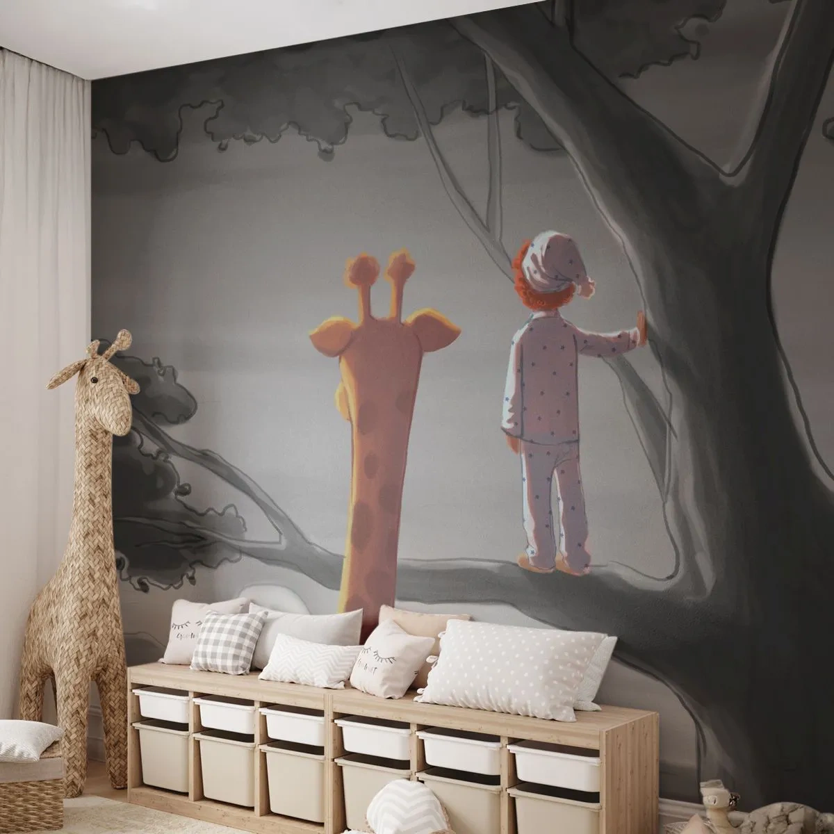 Fototapete Premium Sand - Ein Junge im Pyjama und eine Giraffe in einem Baum bei Sonnenaufgang - 100x70cm - Das passiert wirklich - Moderne Wanddekoration für Wohnzimmer und Schlafzimmer ARTTOR