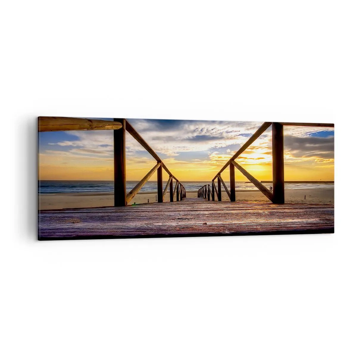 Bild auf Leinwand - Leinwandbild - Holzsteg zum Strand bei Sonnenuntergang - 140x50cm - Direkt zum ruhigen Strand bei Sonnenuntergang - Moderne Wanddekoration für Wohnzimmer und Schlafzimmer ARTTOR