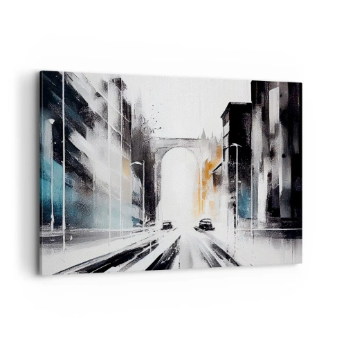 Bild auf Leinwand - Leinwandbild - Abstraktes Stadtpanorama mit einer Bogenbrücke - 100x70cm - Stadtstudie: Architektur und Bewegung - Moderne Wanddekoration für Wohnzimmer und Schlafzimmer ARTTOR