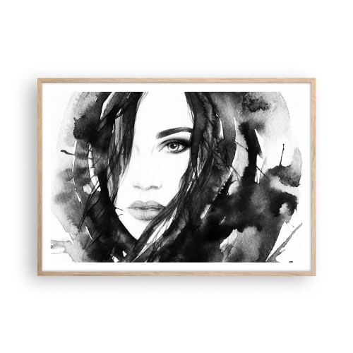 Poster in einem Rahmen aus heller Eiche - Porträt einer Dame in Schwarzweiß - 100x70 cm