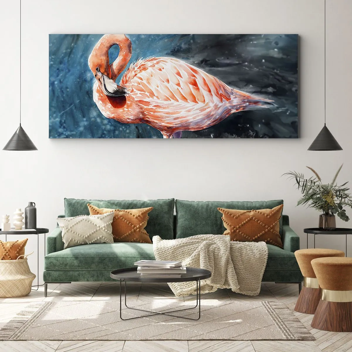 Bild auf Leinwand - Leinwandbild - Ein rosa Flamingo auf einem aquarellblauen Hintergrund - 120x50cm - Von Natur aus dekorativ - Moderne Wanddekoration für Wohnzimmer und Schlafzimmer ARTTOR