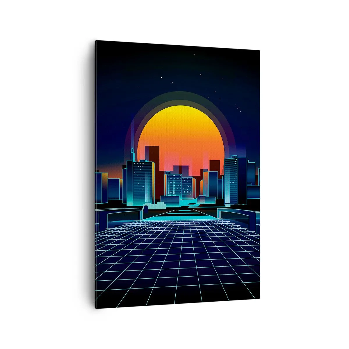 Bild auf Leinwand - Leinwandbild - Futuristische Skyline im Neon-Stil - 70x100cm - Willst du immer noch zu Real gehen? - Moderne Wanddekoration für Wohnzimmer und Schlafzimmer ARTTOR