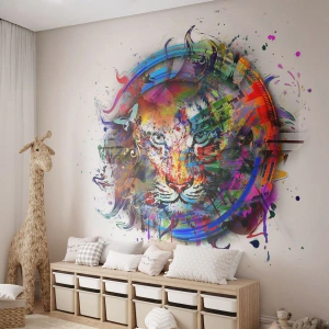 Fototapete Premium Sand - Bunte Abstraktion eines Tigers auf weißem Hintergrund - 100x70cm - Es lauert hinter einem Regenbogenschleier - Moderne Wanddekoration für Wohnzimmer und Schlafzimmer ARTTOR