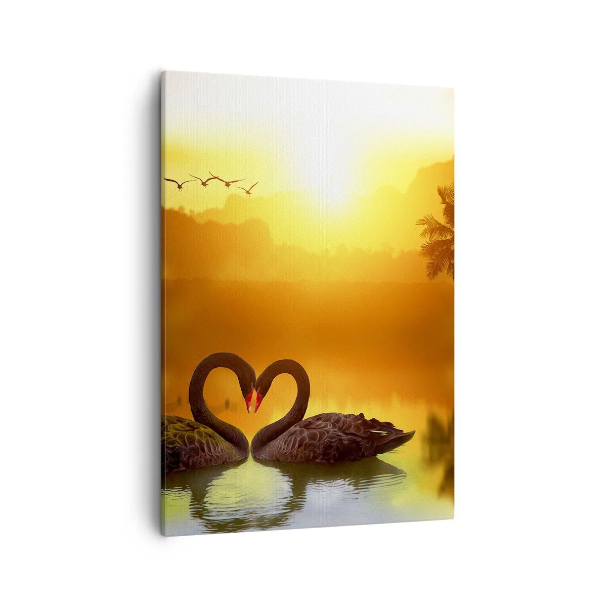 Bild auf Leinwand - Leinwandbild - Zwei schwarze Schwäne bilden ein Herz vor dem Hintergrund eines Sonnenuntergangs am See - 50x70cm - Alles passt zusammen - Moderne Wanddekoration für Wohnzimmer und Schlafzimmer ARTTOR