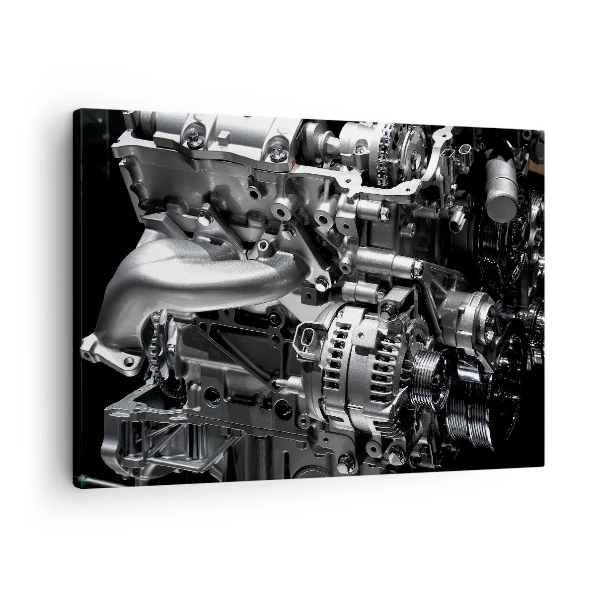 Bild auf Leinwand - Leinwandbild - Nahaufnahme von metallischen Motorteilen auf schwarzem Hintergrund - 70x50cm - Stahl, schön, stark - Moderne Wanddekoration für Wohnzimmer und Schlafzimmer ARTTOR