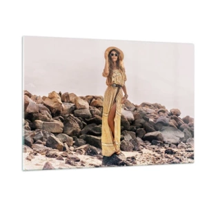 Glasbild - Bild auf glas - Eine Frau in einem Kleid im Boho-Stil vor einer felsigen Küste - 120x80cm - Die Magie der Steine - Moderne Wanddekoration für Wohnzimmer und Schlafzimmer ARTTOR