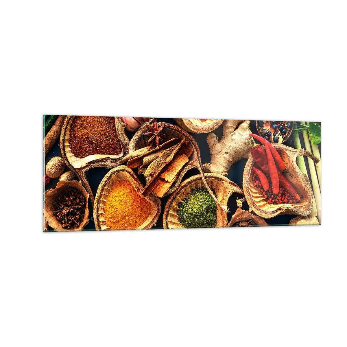 Glasbild - Bild auf glas - Schalen mit Gewürzen in verschiedenen Farben - 140x50cm - Nimm was du willst - Moderne Wanddekoration für Wohnzimmer und Schlafzimmer ARTTOR