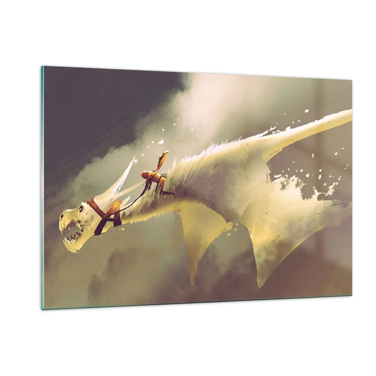 Glasbild - Bild auf glas - Eine Figur auf dem Rücken eines weißen Drachen in einer nebligen Landschaft - 120x80cm - Die Welt zur Rettung - Moderne Wanddekoration für Wohnzimmer und Schlafzimmer ARTTOR