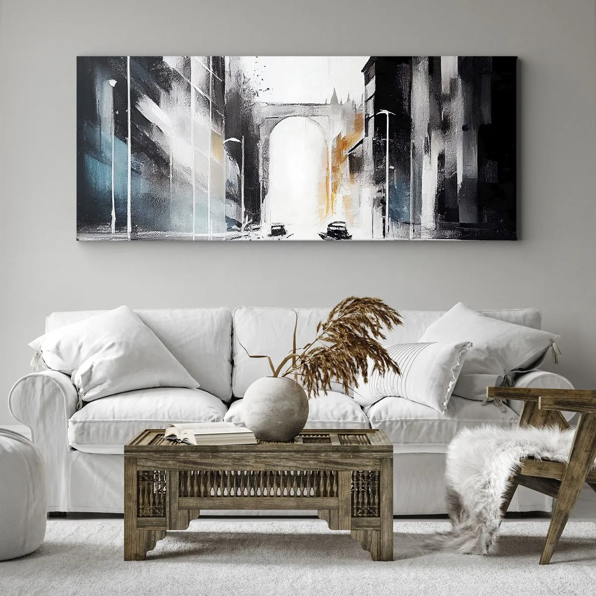 Bild auf Leinwand - Leinwandbild - Abstraktes Stadtpanorama mit einer Bogenbrücke - 140x50cm - Stadtstudie: Architektur und Bewegung - Moderne Wanddekoration für Wohnzimmer und Schlafzimmer ARTTOR