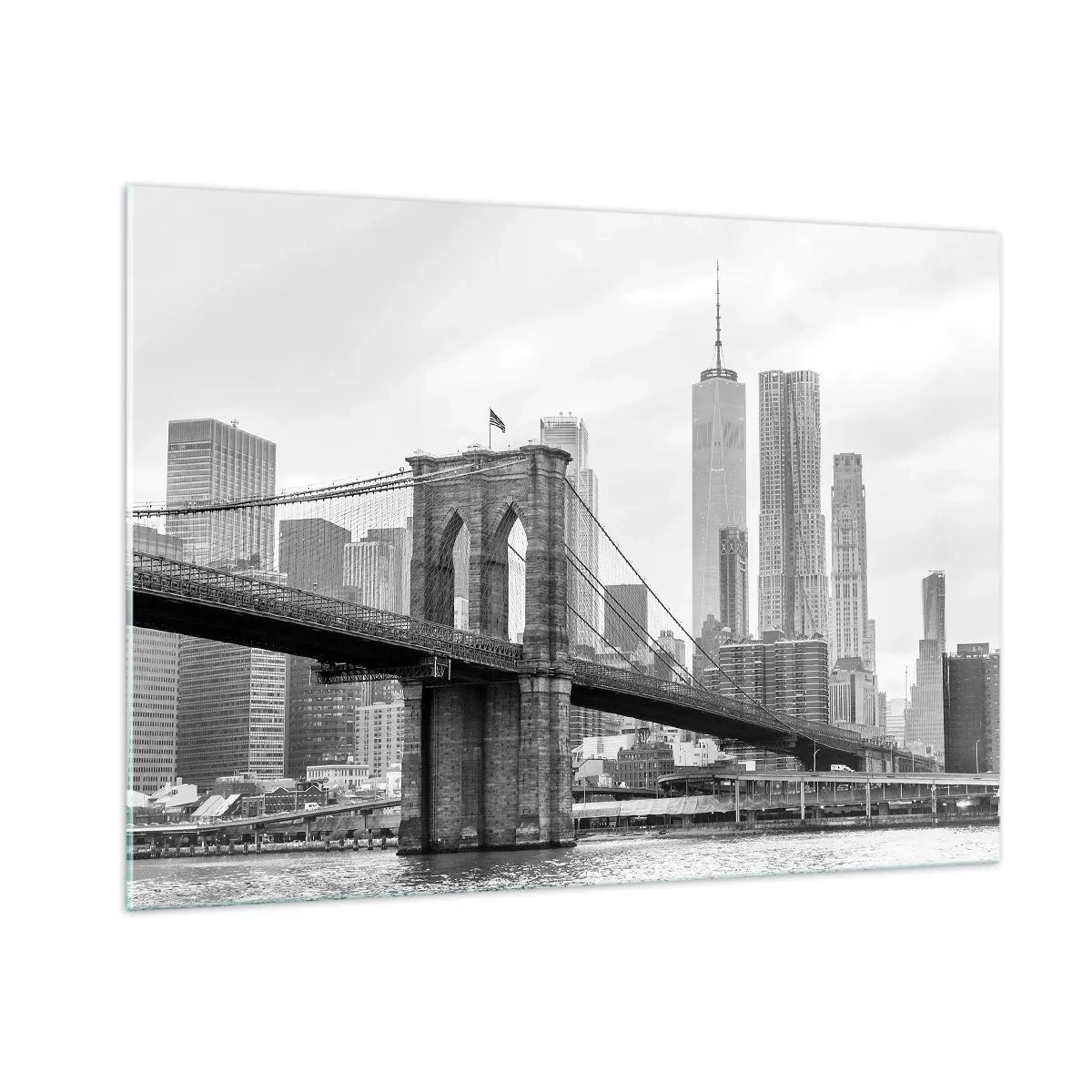 Glasbild - Bild auf glas - Schwarz-Weiß-Foto einer Brücke und Stadtlandschaft - 100x70cm - New Yorker Atmosphäre - Moderne Wanddekoration für Wohnzimmer und Schlafzimmer ARTTOR