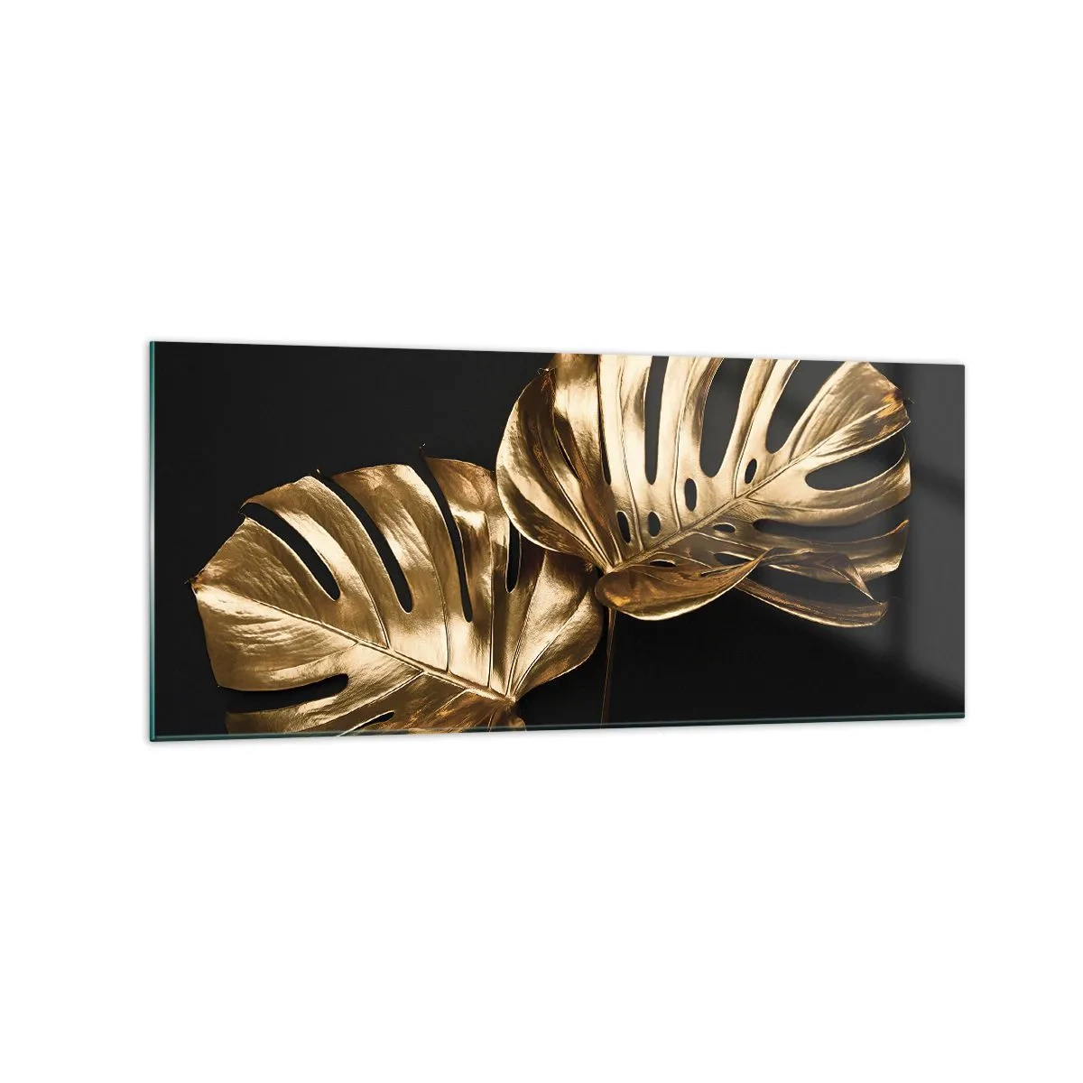 Glasbild - Bild auf glas - Goldene Monstera-Blätter auf schwarzem Hintergrund - 120x50cm - Die Schätze der Natur - Moderne Wanddekoration für Wohnzimmer und Schlafzimmer ARTTOR