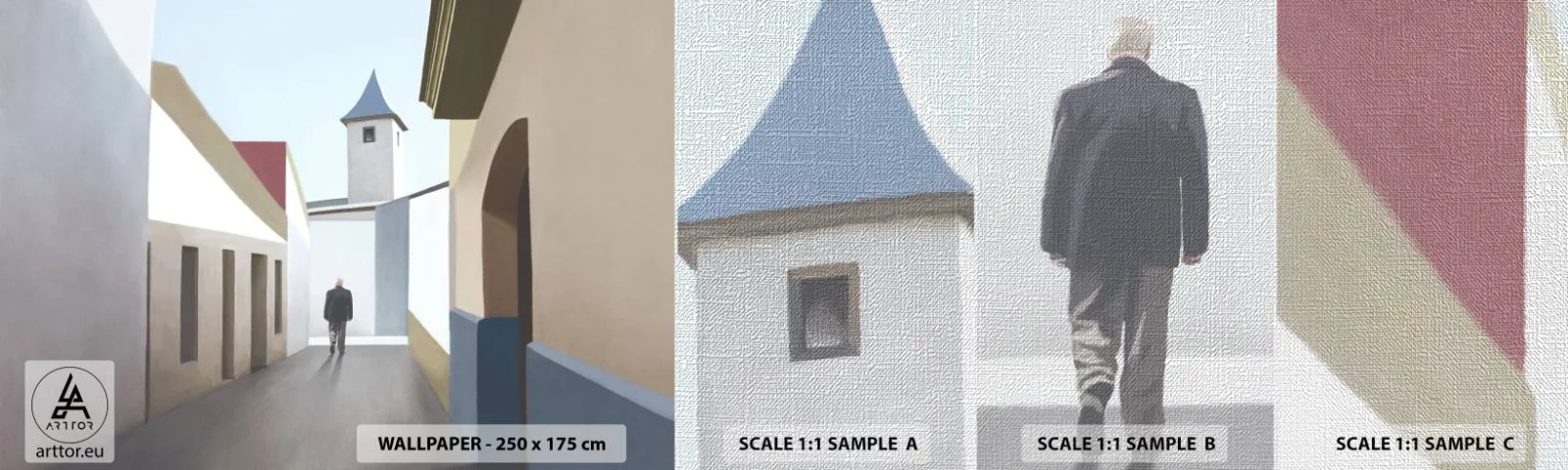 Fototapeten Muster Premium Canvas - Sonniger Spaziergang - Pastell, Gebäude, Die Architektur - 100x30 cm