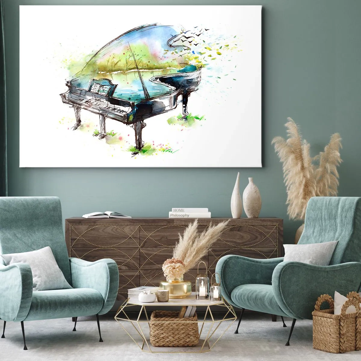 Bild auf Leinwand - Leinwandbild - Künstlerische Aquarellmalerei eines Klaviers mit der Natur im Hintergrund - 120x80cm - Von Musik verzaubert - Moderne Wanddekoration für Wohnzimmer und Schlafzimmer ARTTOR
