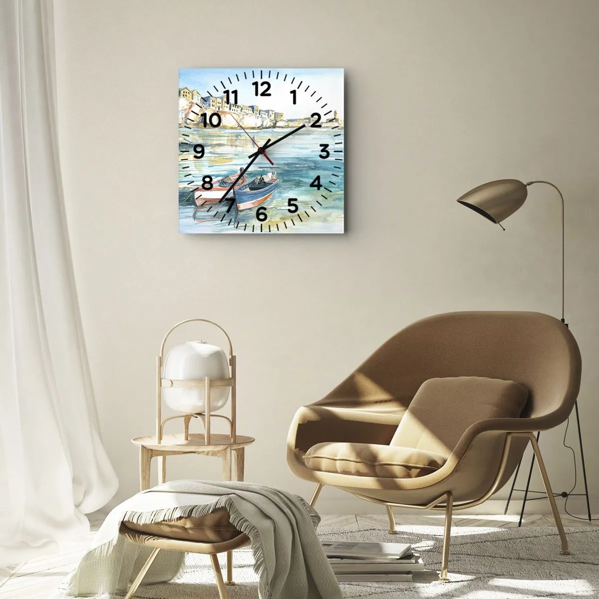 Wanduhr - Glasuhr - Eine malerische Küstenlandschaft mit Booten auf dem Wasser - 30x30cm - Landschaft in Azurblau - Moderne Wanddekoration für Wohnzimmer und Schlafzimmer ARTTOR