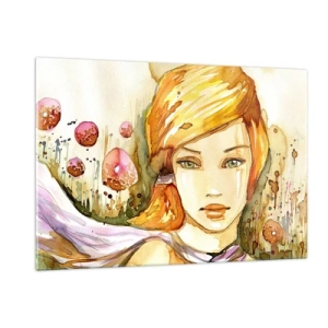 Glasbild - Bild auf glas - Porträt einer Frau im Aquarellstil mit Abstraktion - 120x80cm - Ein smaragdgrüner Look, der die Wut beruhigt - Moderne Wanddekoration für Wohnzimmer und Schlafzimmer ARTTOR