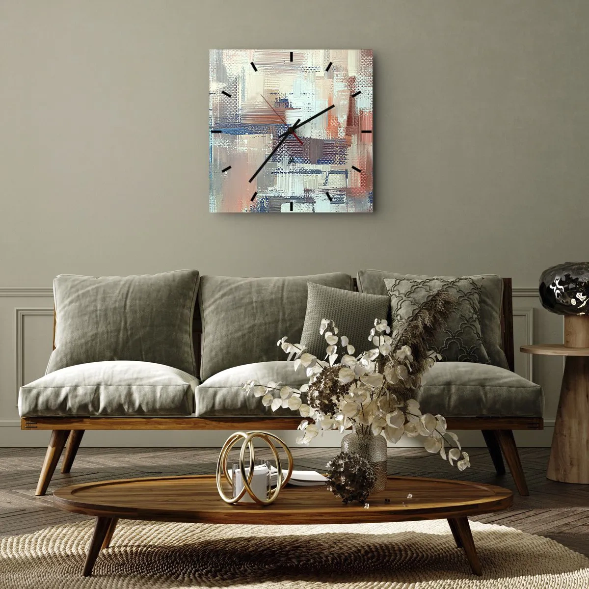 Wanduhr - Glasuhr - Abstrakte Komposition in Blau- und Beigetönen - 30x30cm - Zum Licht kommen - Moderne Wanddekoration für Wohnzimmer und Schlafzimmer ARTTOR