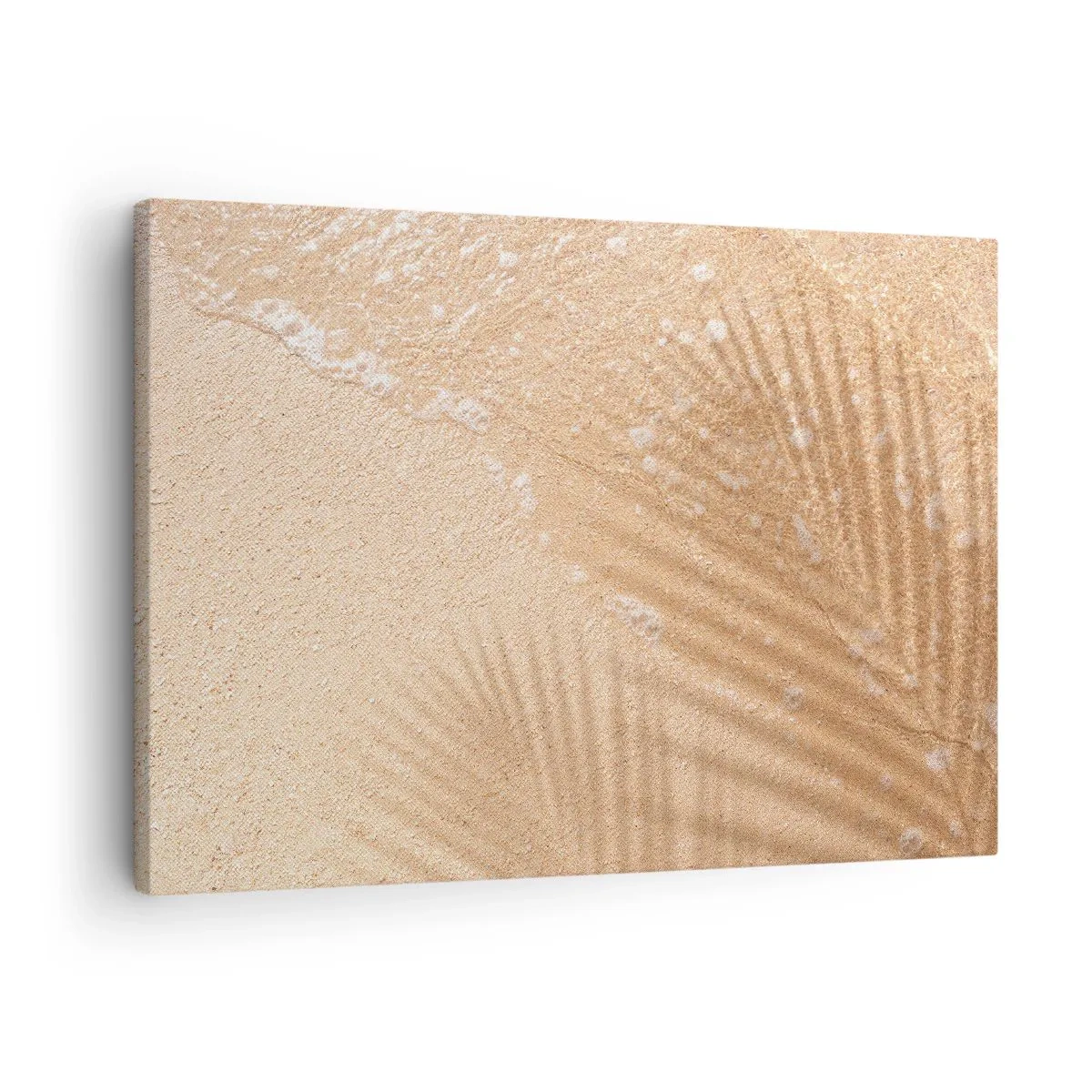Bild auf Leinwand - Leinwandbild - Der Schatten einer Palme auf dem Sand mit einem zarten Wellenmuster - 70x50cm - Der Schatten eines heißen Sommers - Moderne Wanddekoration für Wohnzimmer und Schlafzimmer ARTTOR