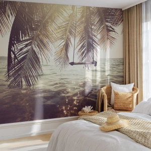 Fototapete Standard Eco - Sie können nach Belieben in den Wolken schwingen - Landschaft, Kokusnuss-Palme, Meer - 250x175 cm