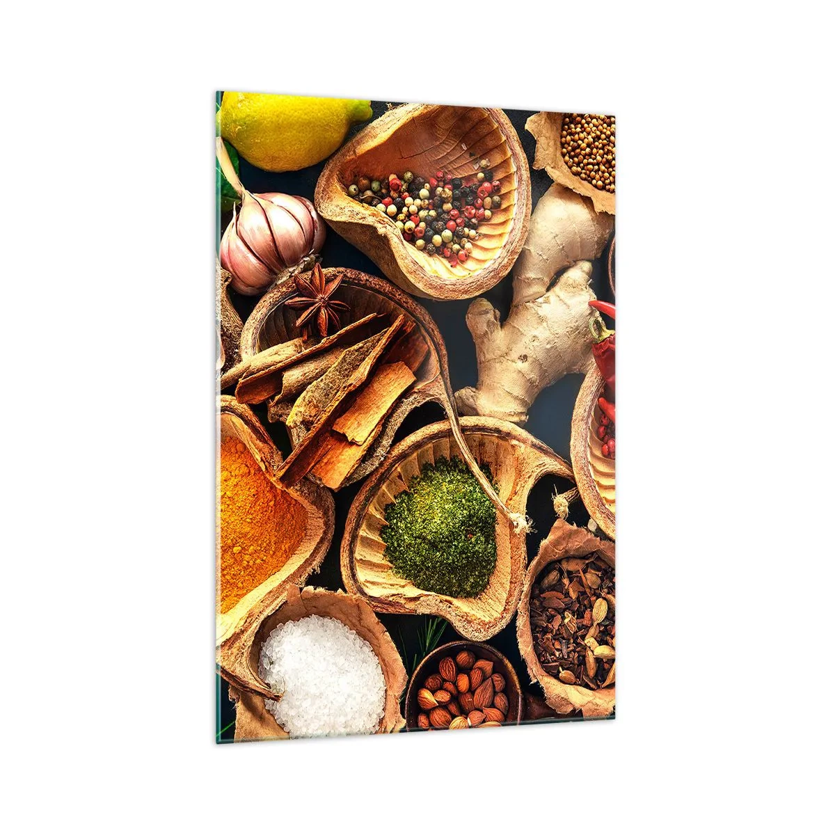Glasbild - Bild auf glas - Schalen mit Gewürzen in verschiedenen Farben - 70x100cm - Nimm was du willst - Moderne Wanddekoration für Wohnzimmer und Schlafzimmer ARTTOR