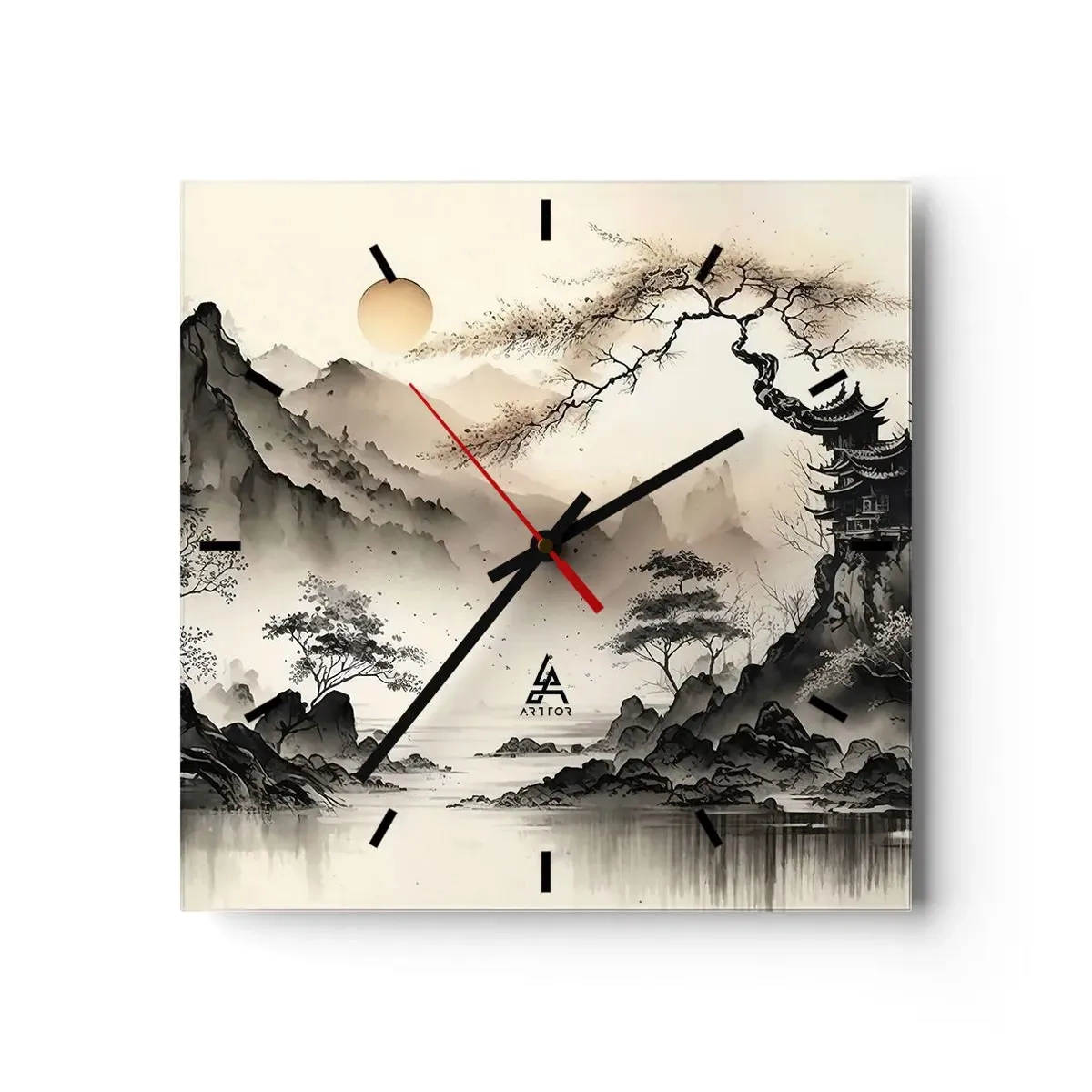 Wanduhr - Glasuhr - Eine orientalische Landschaft mit Bergen und einer Pagode in zarten Farbtönen. - 30x30cm - Einzigartiger Charme des Orients - Moderne Wanddekoration für Wohnzimmer und Schlafzimmer ARTTOR