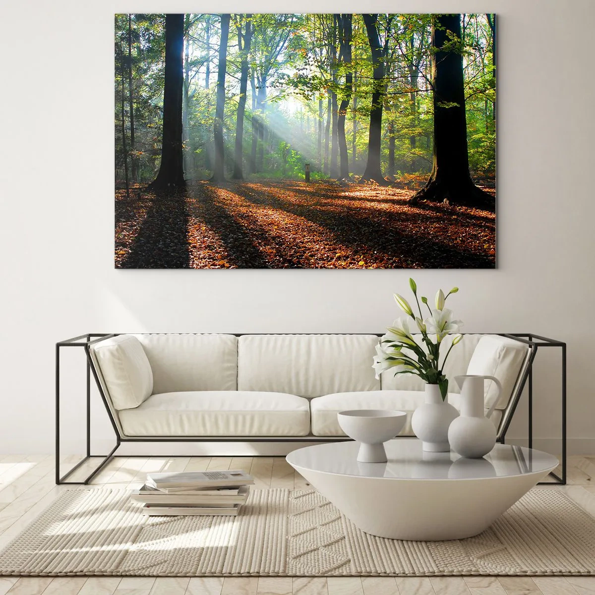 Glasbild - Bild auf glas - Ein Wald in den Strahlen der Sonne in einer Herbstlandschaft - 100x70cm - Licht und Schatten - Moderne Wanddekoration für Wohnzimmer und Schlafzimmer ARTTOR