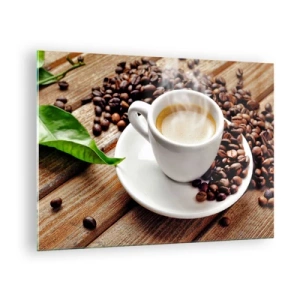 Glasbild - Bild auf glas - Eine Tasse Kaffee, umgeben von Bohnen auf einem Holztisch - 70x50cm - Kaffee auf der Bank - Moderne Wanddekoration für Wohnzimmer und Schlafzimmer ARTTOR