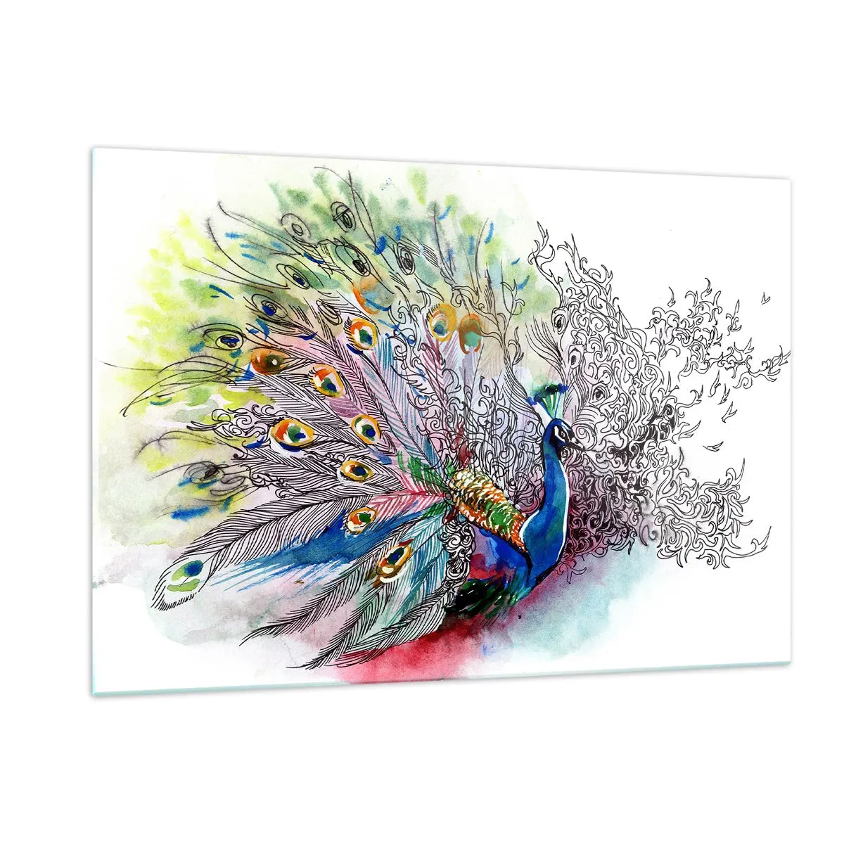 Glasbild - Bild auf glas - Bunter Pfau im künstlerischen Aquarellstil - 120x80cm - Mit Stolz gegen Grau - Moderne Wanddekoration für Wohnzimmer und Schlafzimmer ARTTOR