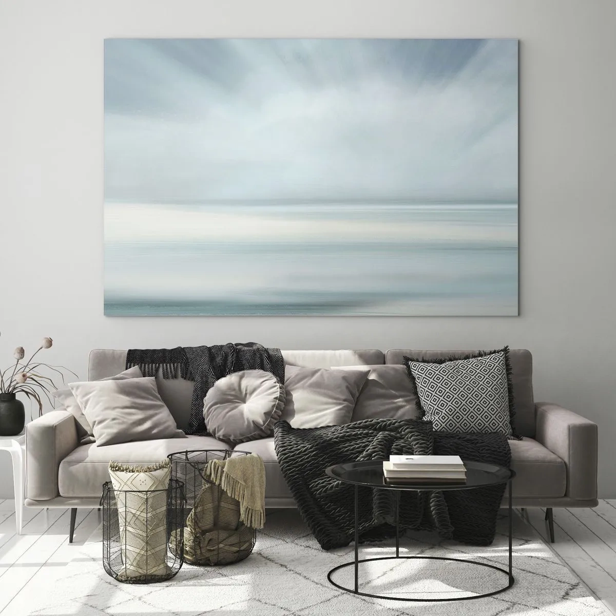 Glasbild - Bild auf glas - Verschwommene Abstraktion in Blau-, Weiß- und Grautönen - 70x50cm - Frieden bis zum Horizont - Moderne Wanddekoration für Wohnzimmer und Schlafzimmer ARTTOR
