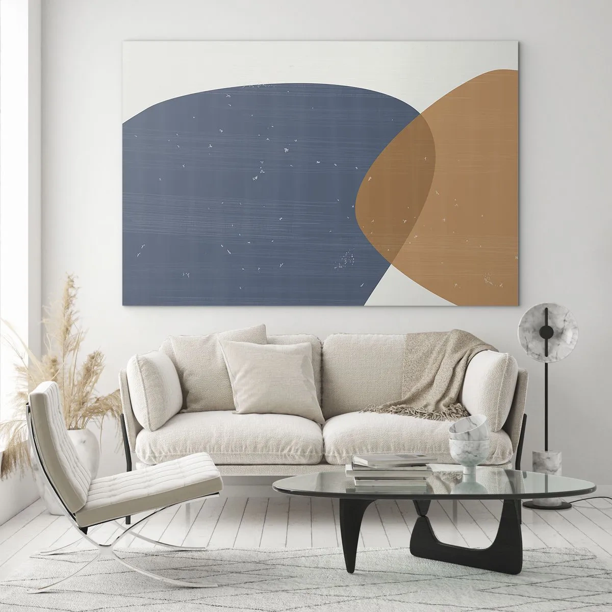 Glasbild - Bild auf glas - Geometrische Komposition mit marineblauen und beigen Ovalen - 70x50cm - Ovale und Einflüsse - Moderne Wanddekoration für Wohnzimmer und Schlafzimmer ARTTOR