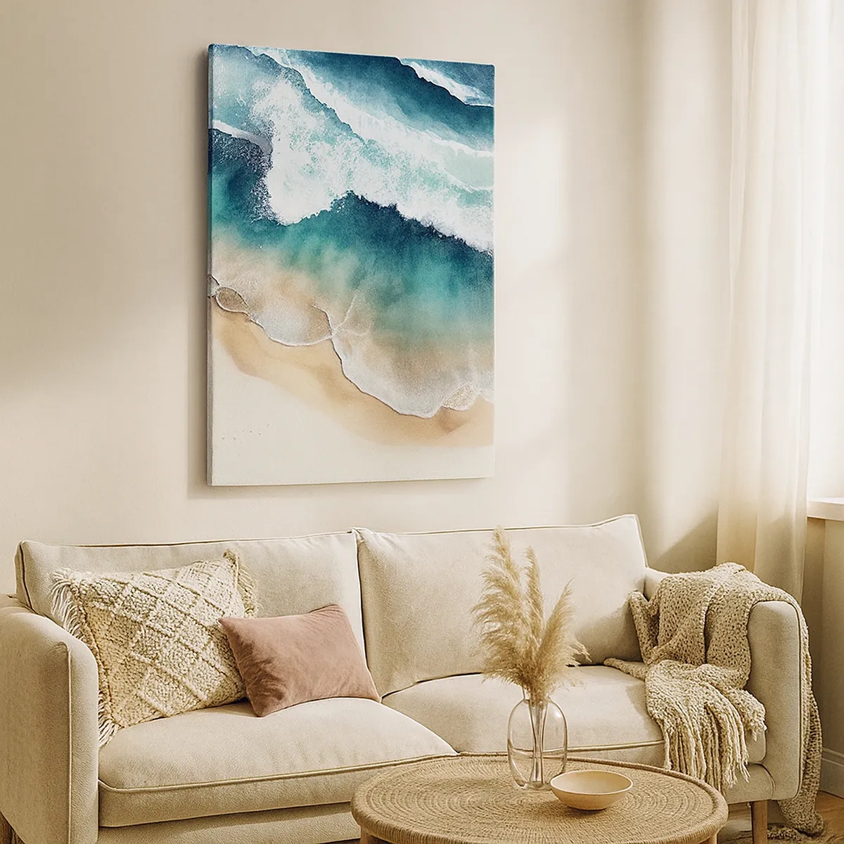 Bild auf Leinwand - Leinwandbild - Blick auf den Strand und die Meereswellen in Türkistönen - 50x70cm - Das ewige Treffen - Moderne Wanddekoration für Wohnzimmer und Schlafzimmer ARTTOR