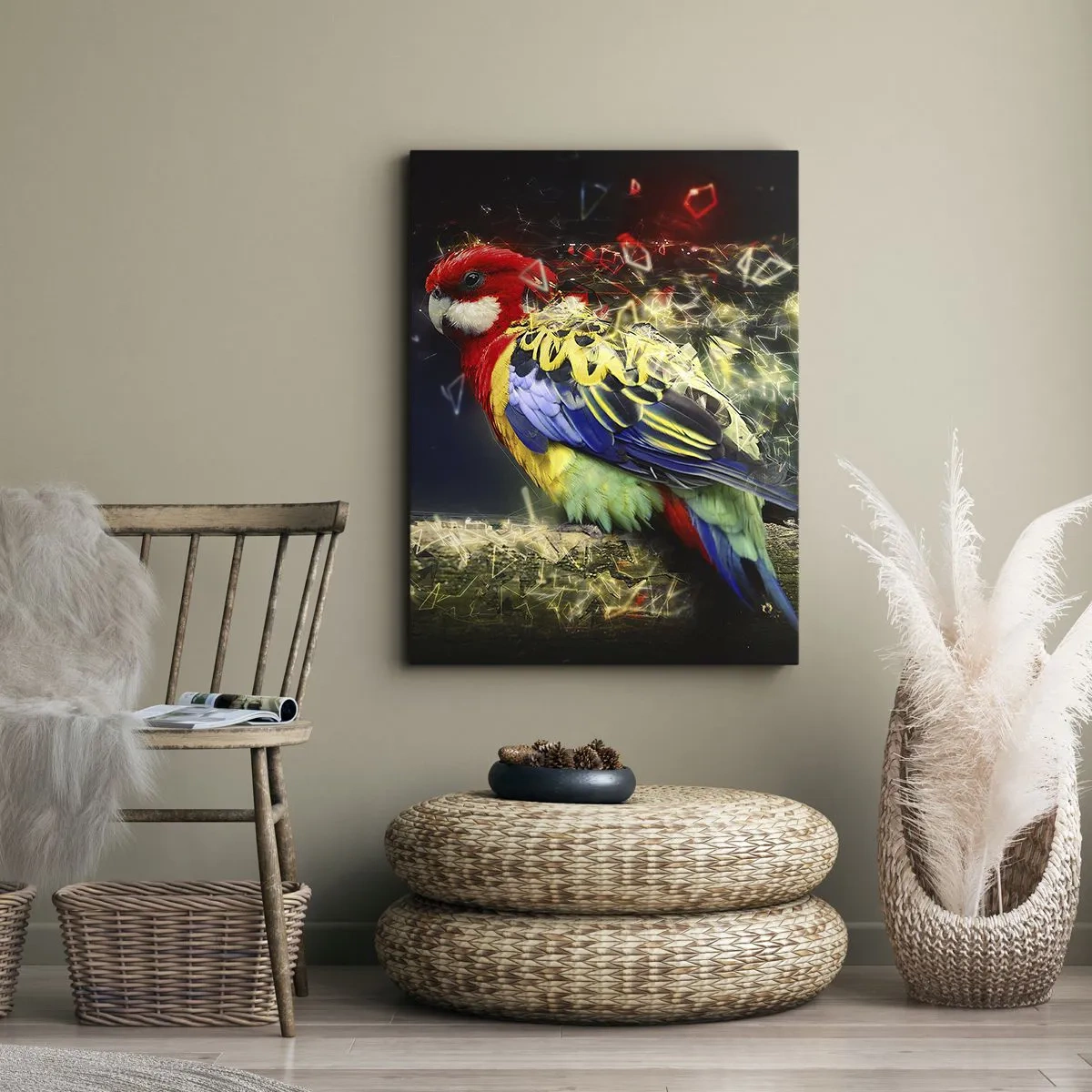 Bild auf Leinwand - Leinwandbild - Ein Papagei in leuchtenden Farben vor einem Hintergrund aus Lichteffekten - 80x120cm - Botschafter des Strahlens - Moderne Wanddekoration für Wohnzimmer und Schlafzimmer ARTTOR