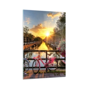 Glasbild - Bild auf glas - Fahrräder auf einer Brücke im Schein der untergehenden Sonne - 70x100cm - Frühlingsmorgen in Amsterdam - Moderne Wanddekoration für Wohnzimmer und Schlafzimmer ARTTOR
