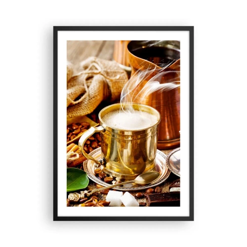 Poster in einem schwarzem Rahmen - Eine goldene Tasse mit heißem Kaffee und Dampf auf einem Hintergrund aus Kaffeebohnen. - 50x70cm - Schönen Tag noch! - Moderne Wanddekoration für Wohnzimmer und Schlafzimmer ARTTOR
