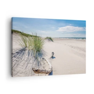 Bild auf Leinwand - Leinwandbild - Ein Ostseestrand mit Sand, Gras und einem ruhigen blauen Himmel - 70x50cm - Der schönste Strand? Ostsee-Strand - Moderne Wanddekoration für Wohnzimmer und Schlafzimmer ARTTOR